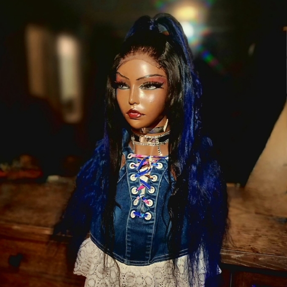 Blue custom made human hair wig - Picture 2 of 6